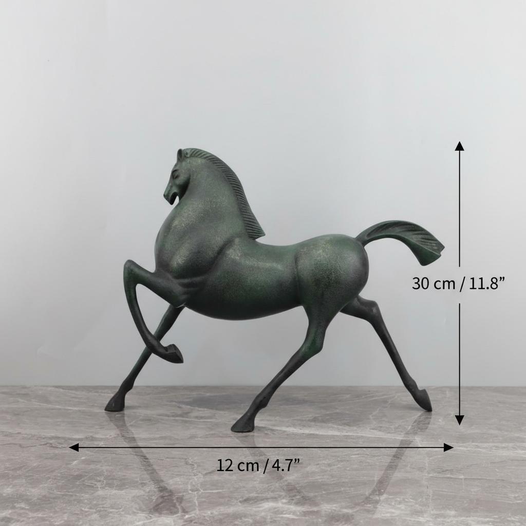 Dimension guide showing height and width of the metal horse sculpture