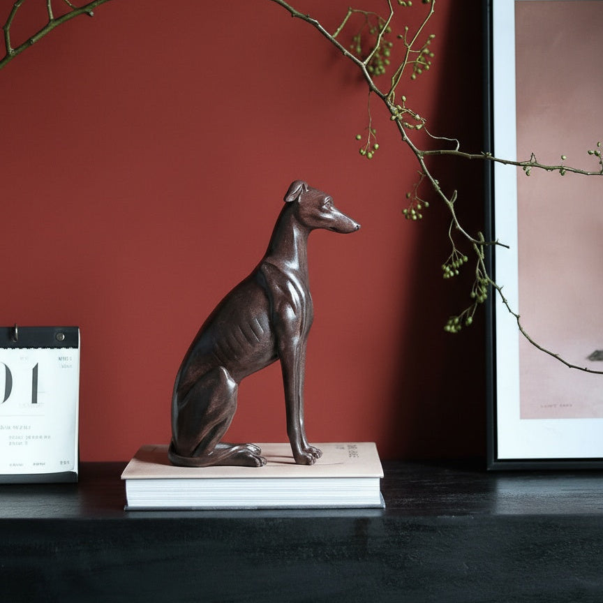 Angled view of dark bronze greyhound figurine home decor