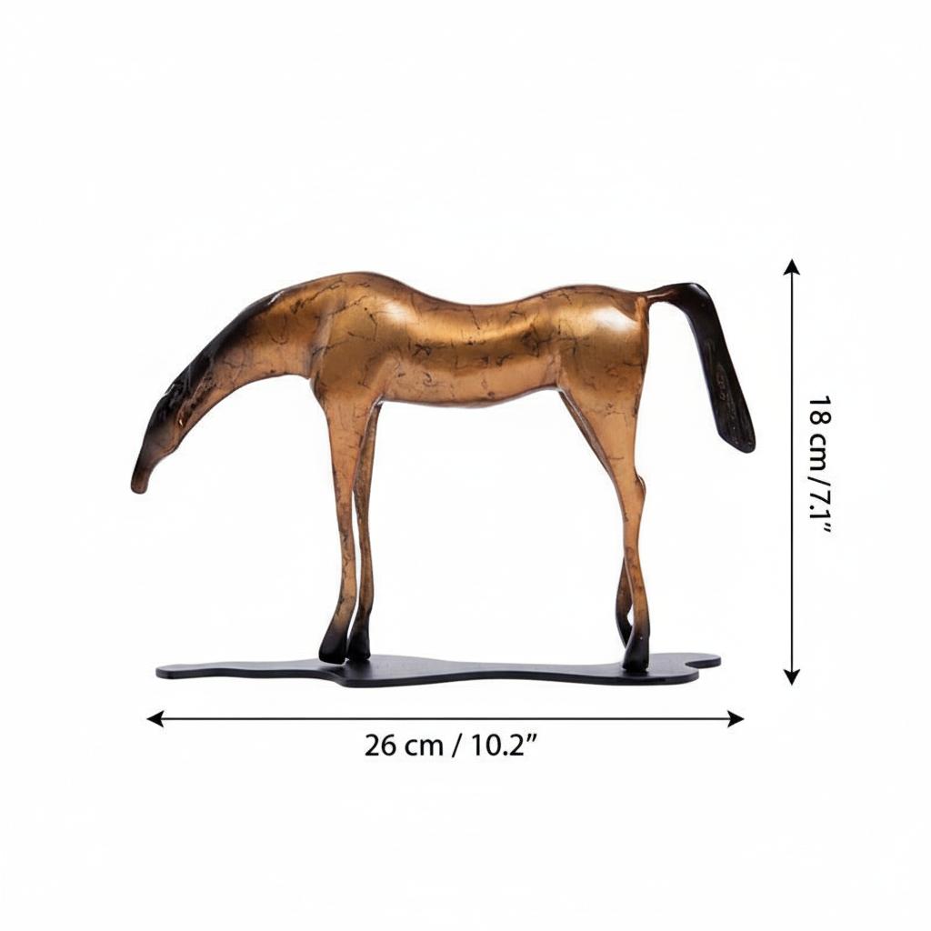 Dimensions diagram of bronze horse sculpture showing 26cm width and 18cm height