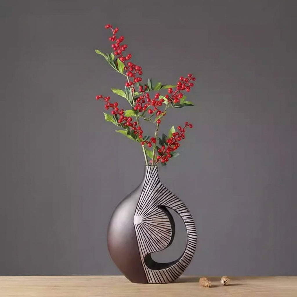 Round bronze resin vase with red berry styling
