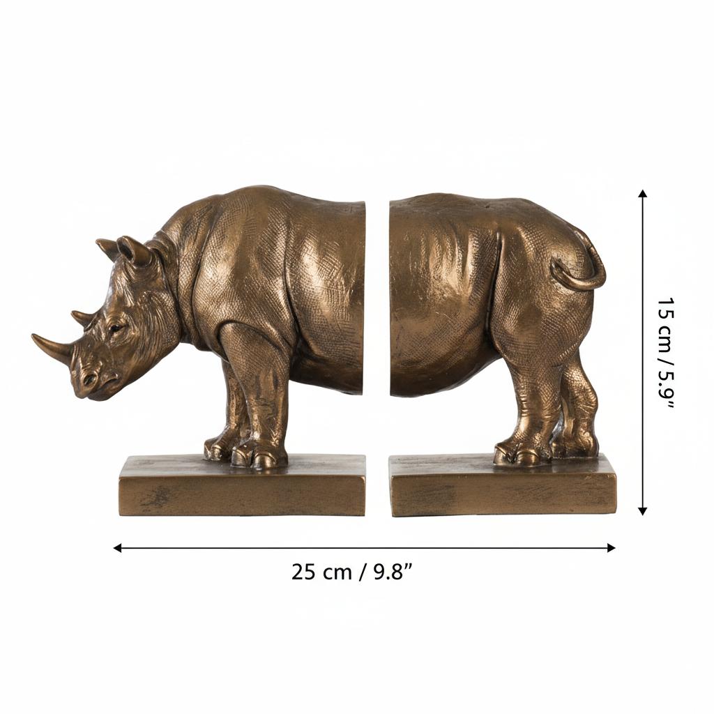 Dimensions of rhinoceros bookends showing length and height