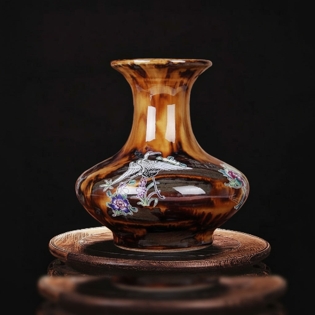 Brown Glazed Ceramic Crane And Floral Motif Vase