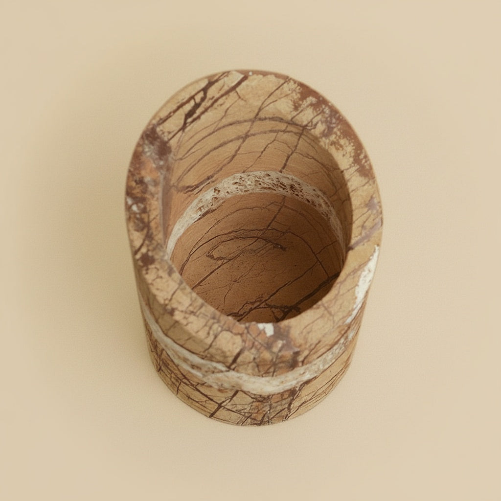 Top down view inside hollow brown marble canister