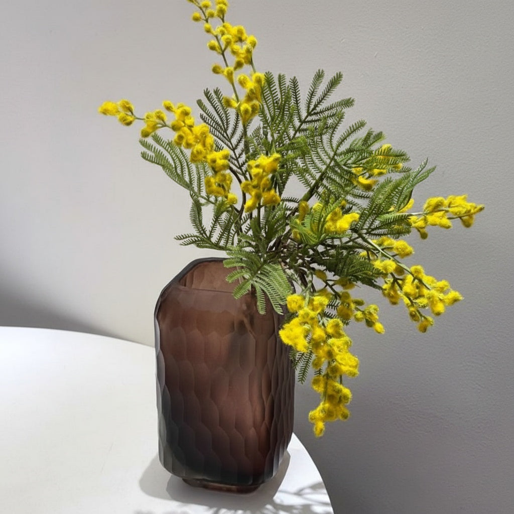 Matte Brown Textured Glass Vase with Yellow Flowers