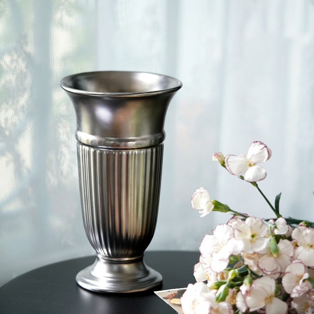 Brushed Silver Metal Fluted Vase