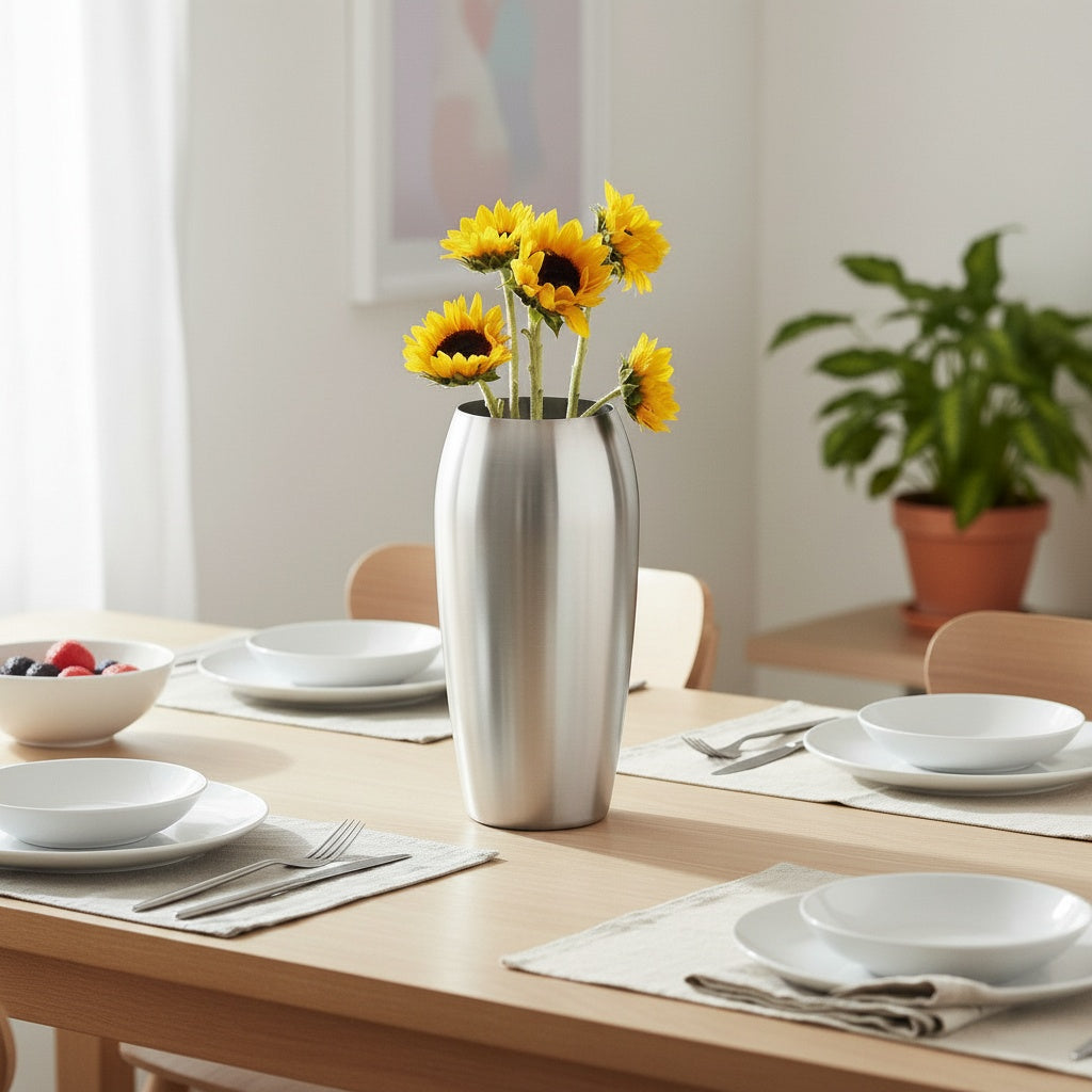 Brushed Stainless Steel Tapered Vase styled with sunflowers on a dining table