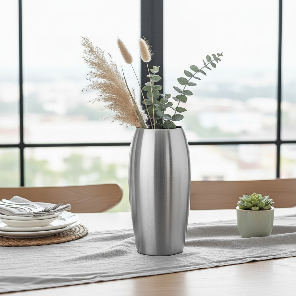 Brushed Stainless Steel Tapered Vase styled with dried botanicals by a window