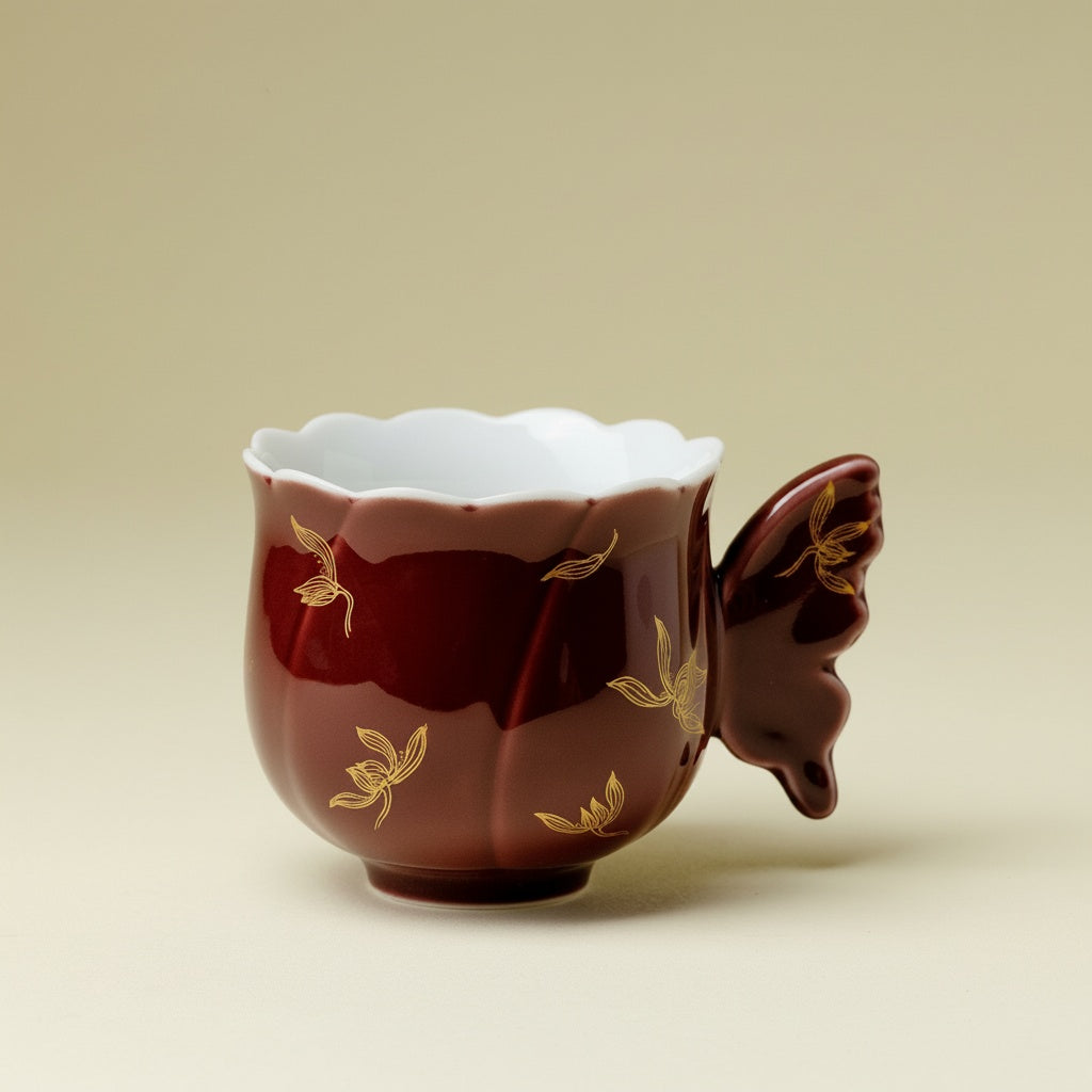 Burgundy Porcelain Butterfly Handle Teacup