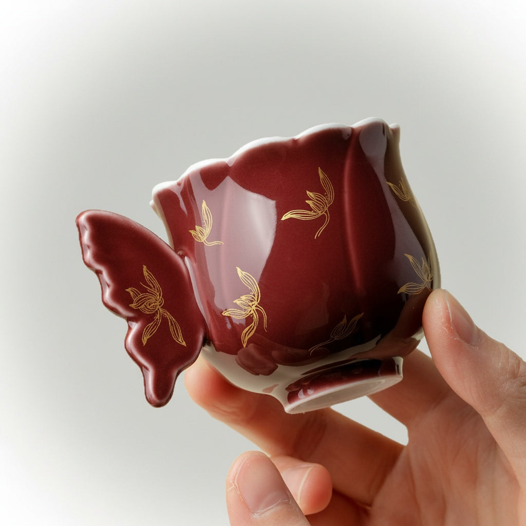 Burgundy Porcelain Butterfly Handle Teacup