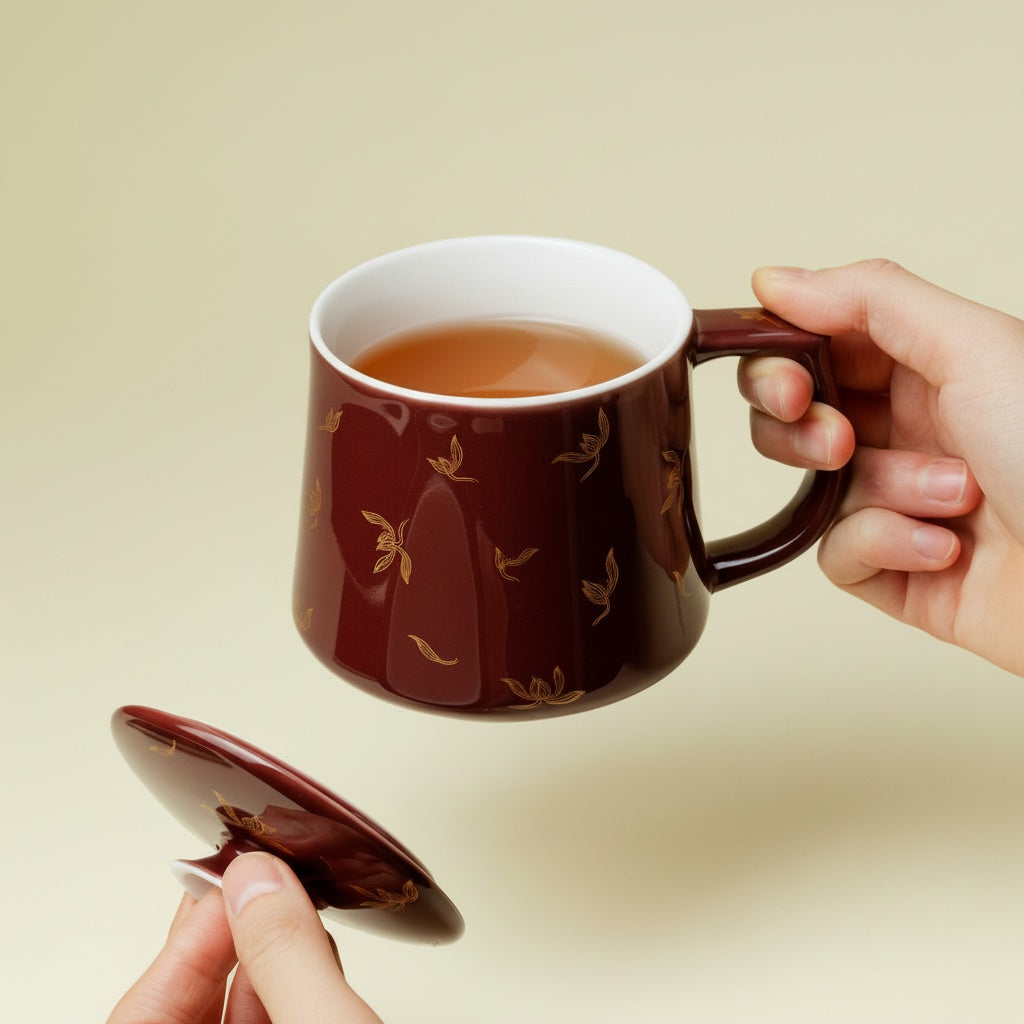 Burgundy Porcelain Lidded Tea Mug
