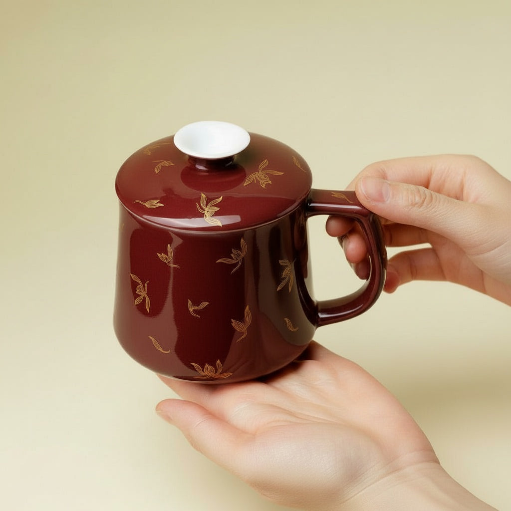 Burgundy Porcelain Lidded Tea Mug