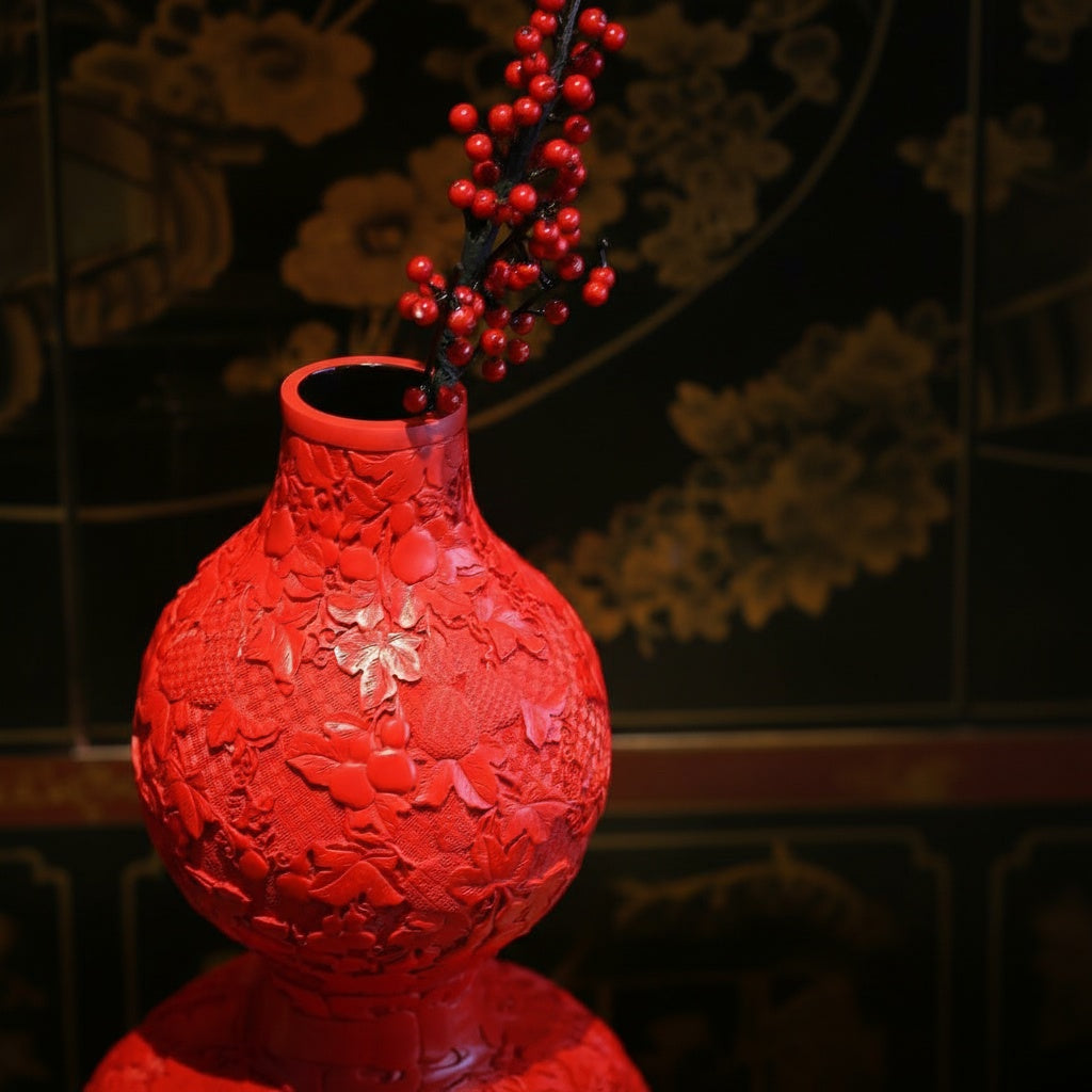 Carved red floral double gourd vase