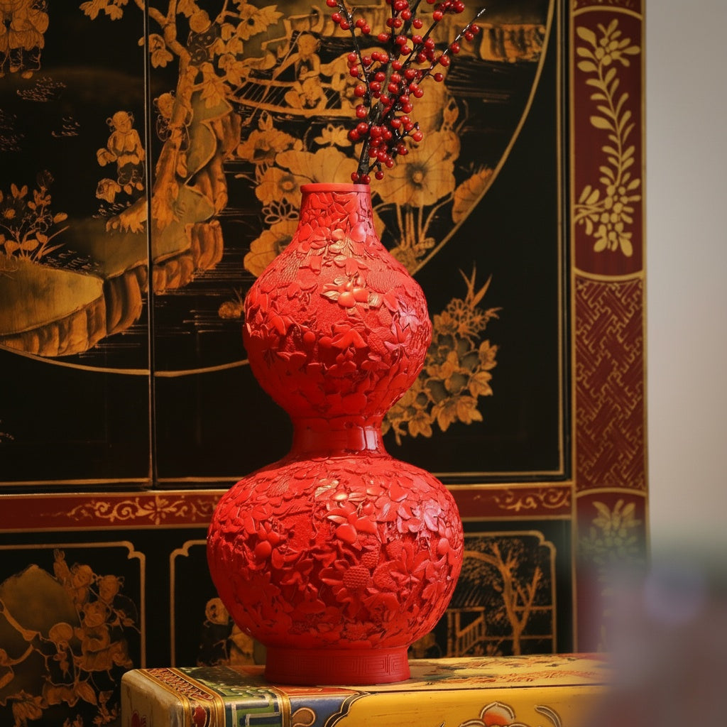 Carved red floral double gourd vase