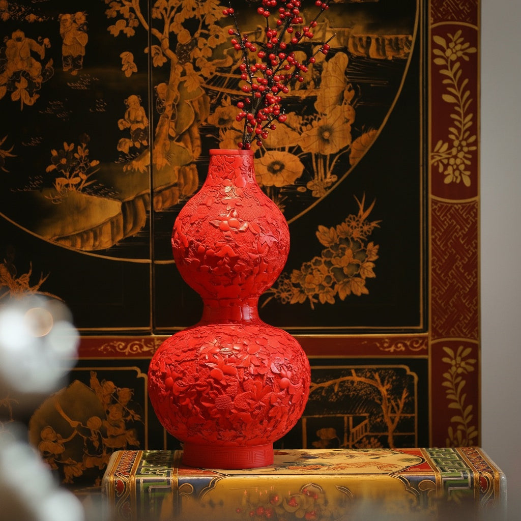 Carved red floral double gourd vase