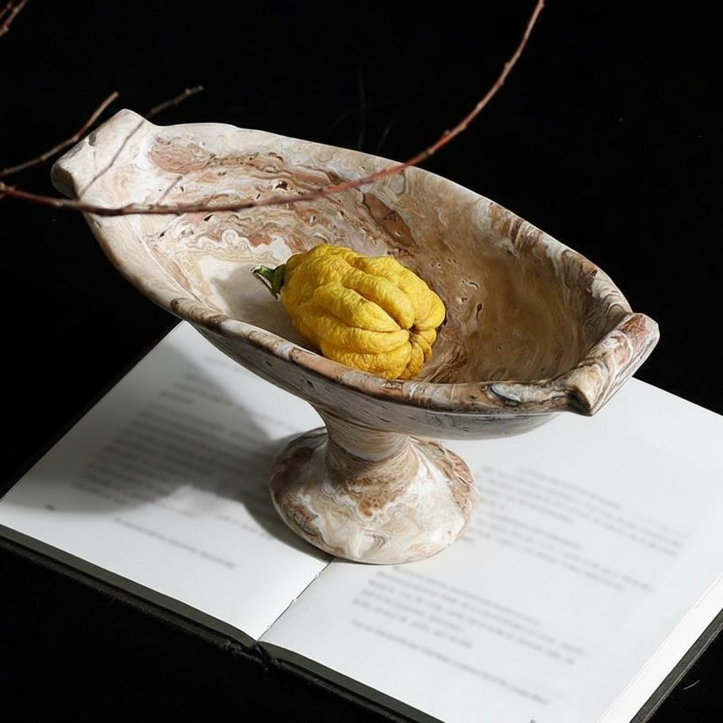 High angle view of beige veined stone bowl on open book