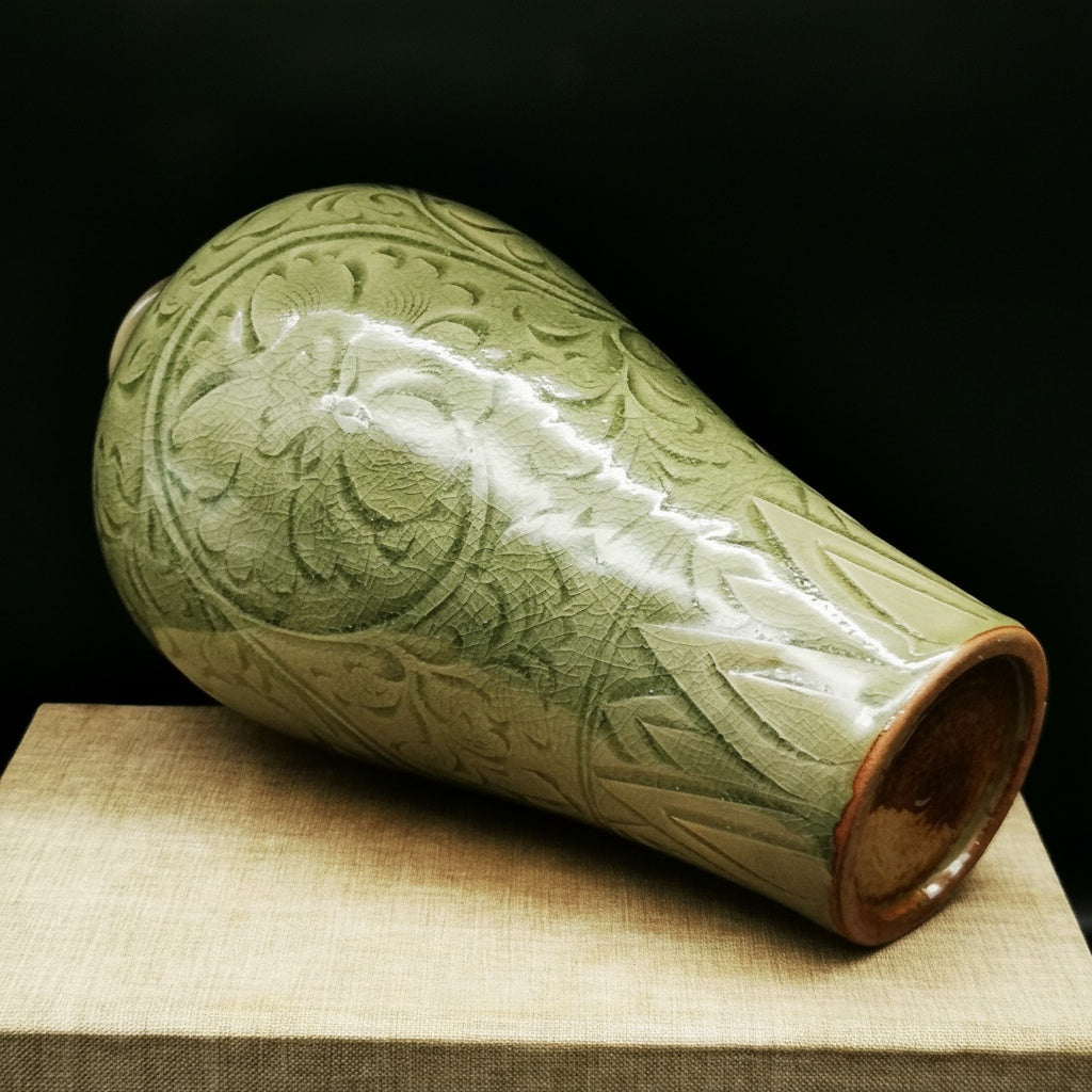 Celadon Ceramic Floral Relief Vase Angled View