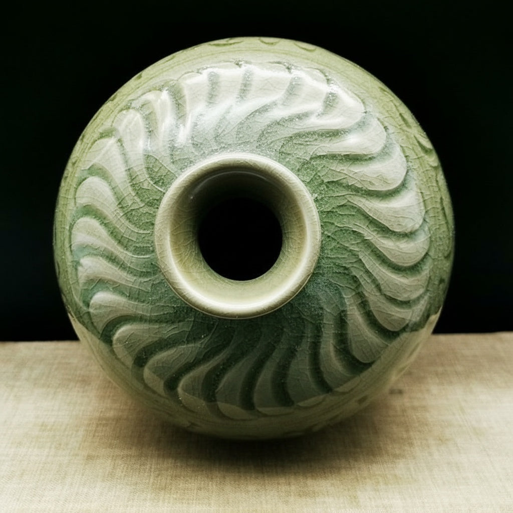 Celadon Ceramic Floral Relief Vase Top View