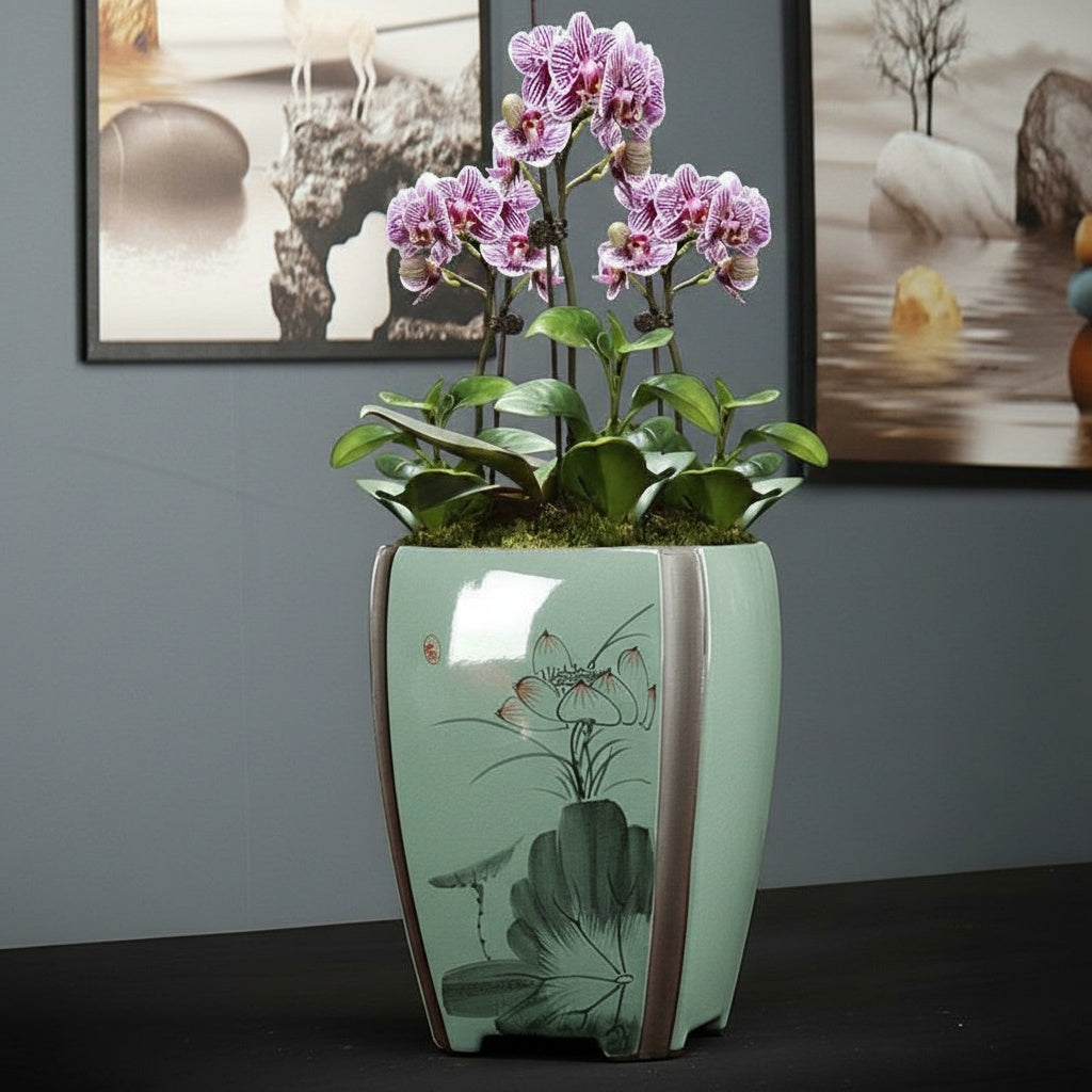 Ceramic square flower pot with lotus design styled