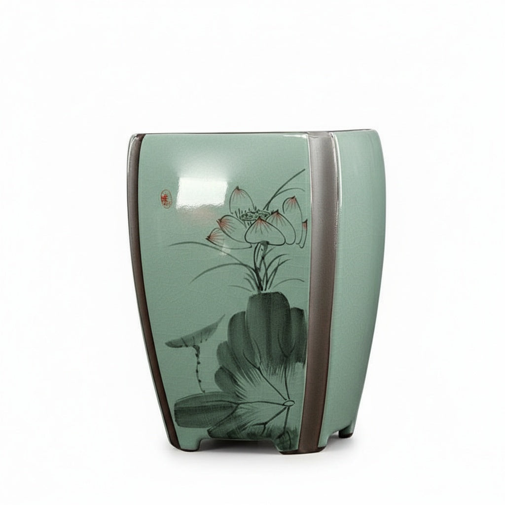 Empty celadon green planter front view