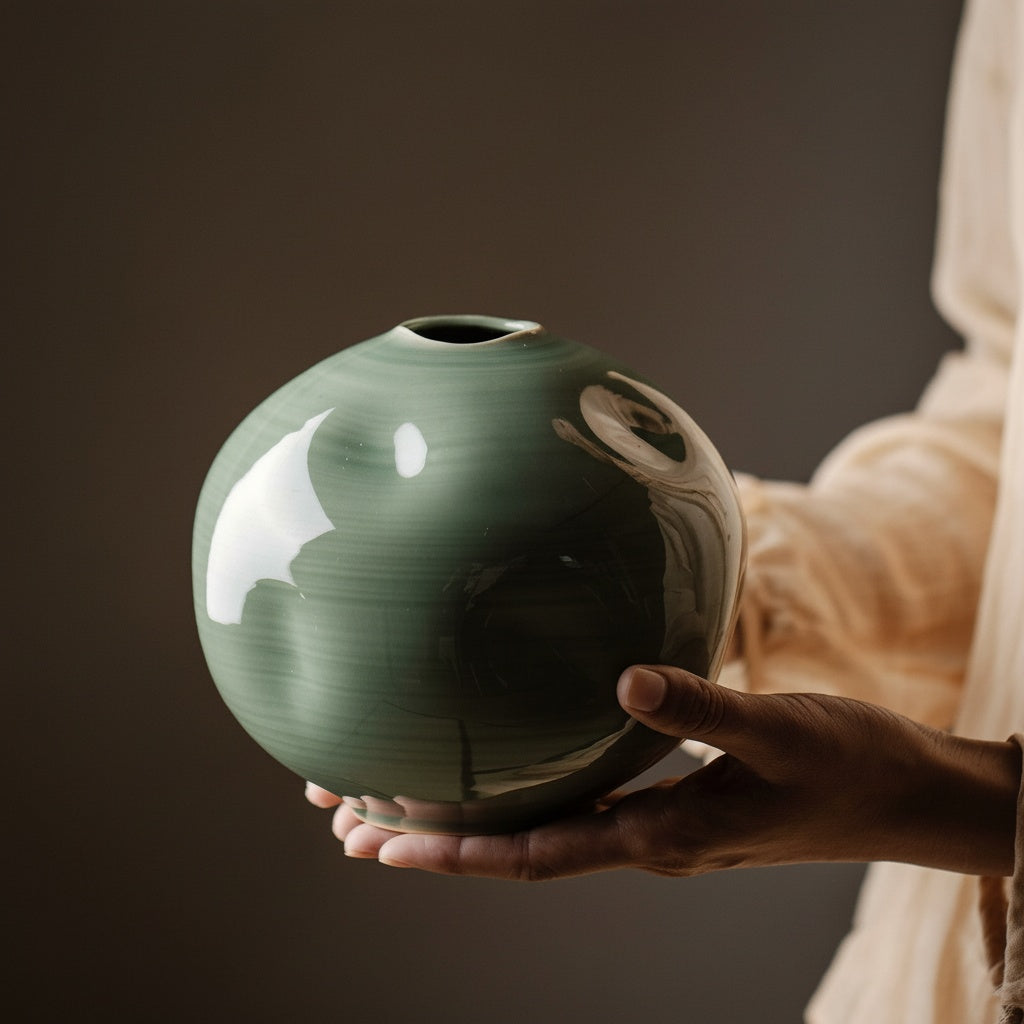 Hands holding a glossy Celadon Ceramic Spherical Vase