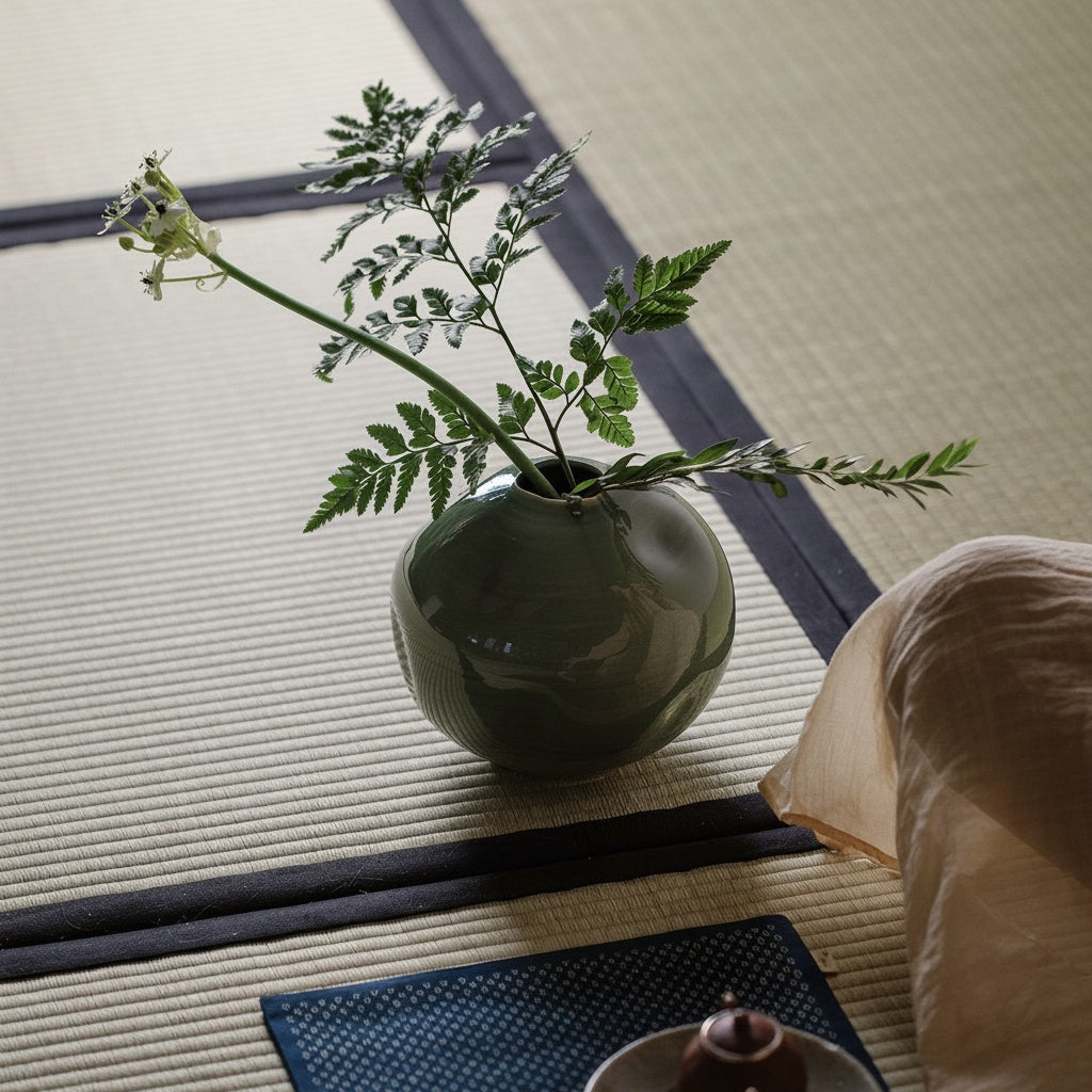 Celadon Ceramic Spherical Vase resting on a woven mat