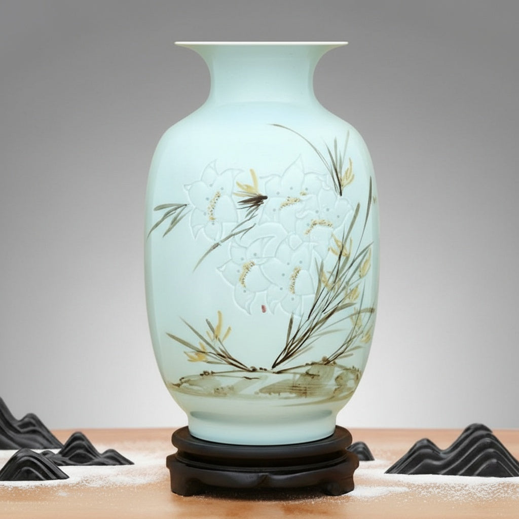 Front view of celadon vase with floral relief on wooden stand