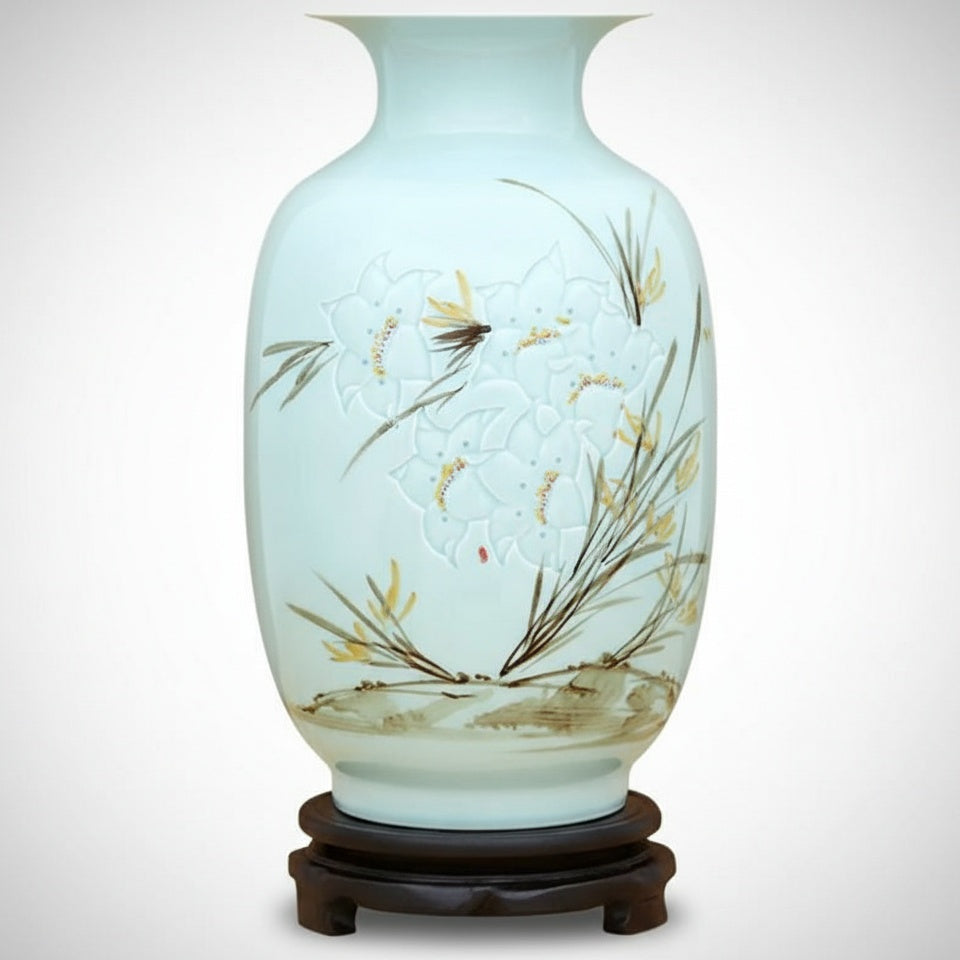 Full view of porcelain floral vase on white background