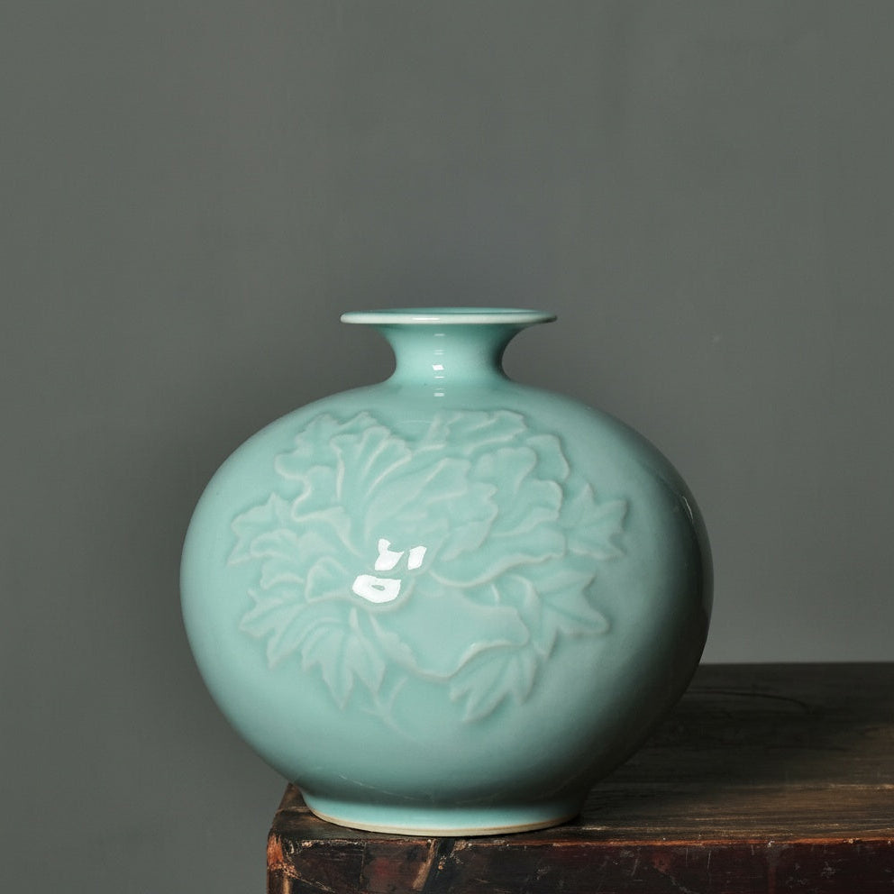 Celadon Porcelain Floral Spherical Vase