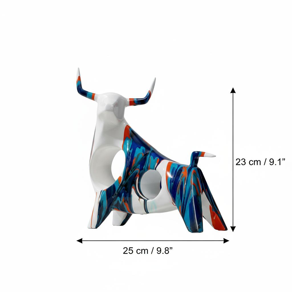 Rear view of colorful ceramic bull sculpture showing abstract patterns