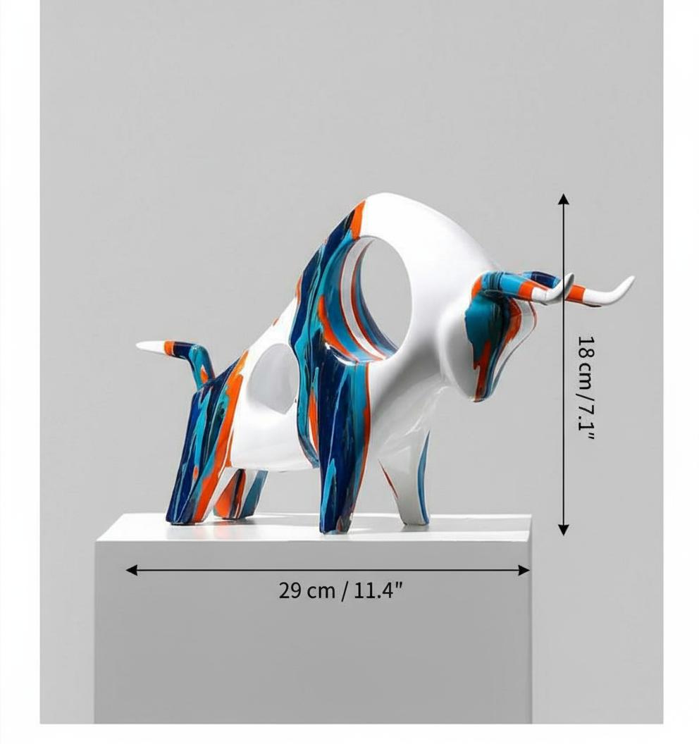 Dimension diagram of ceramic bull sculpture in two poses
