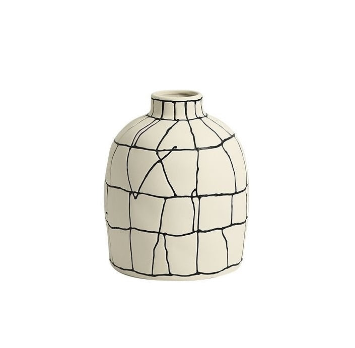 Round ceramic vase with black abstract grid pattern