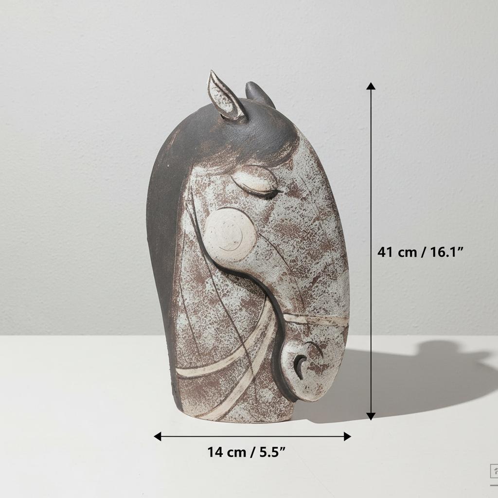 Large ceramic horse sculpture with dimension annotations