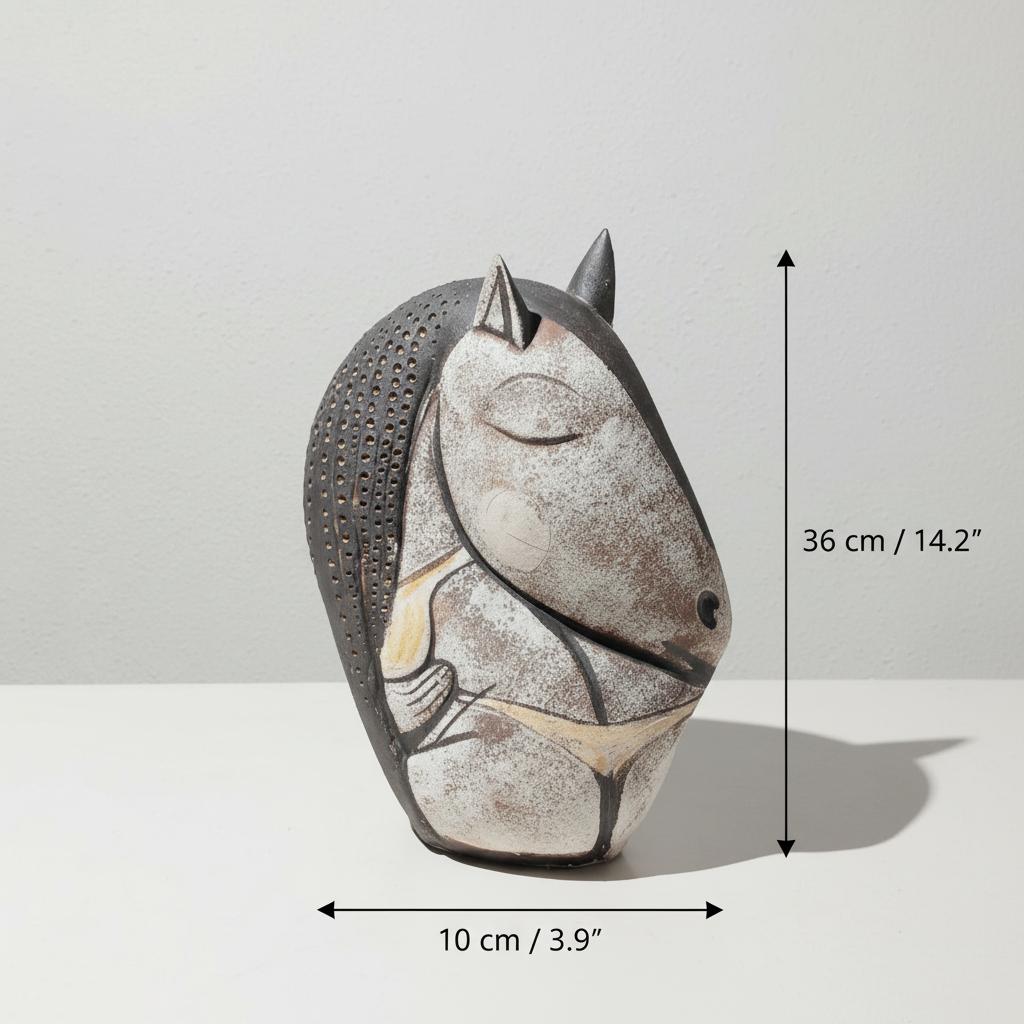 Medium ceramic horse sculpture with dimension annotations