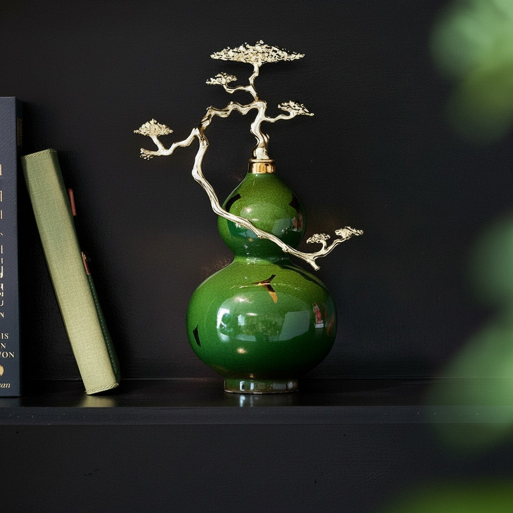 Ceramic And Brass Gourd Decorative Sculpture Front View