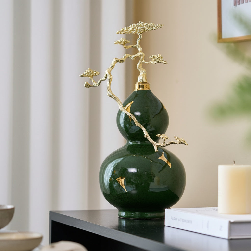 Ceramic And Brass Gourd Decorative Sculpture Lifestyle View