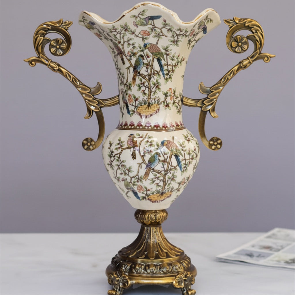 Ceramic And Brass Scalloped Handled Vase
