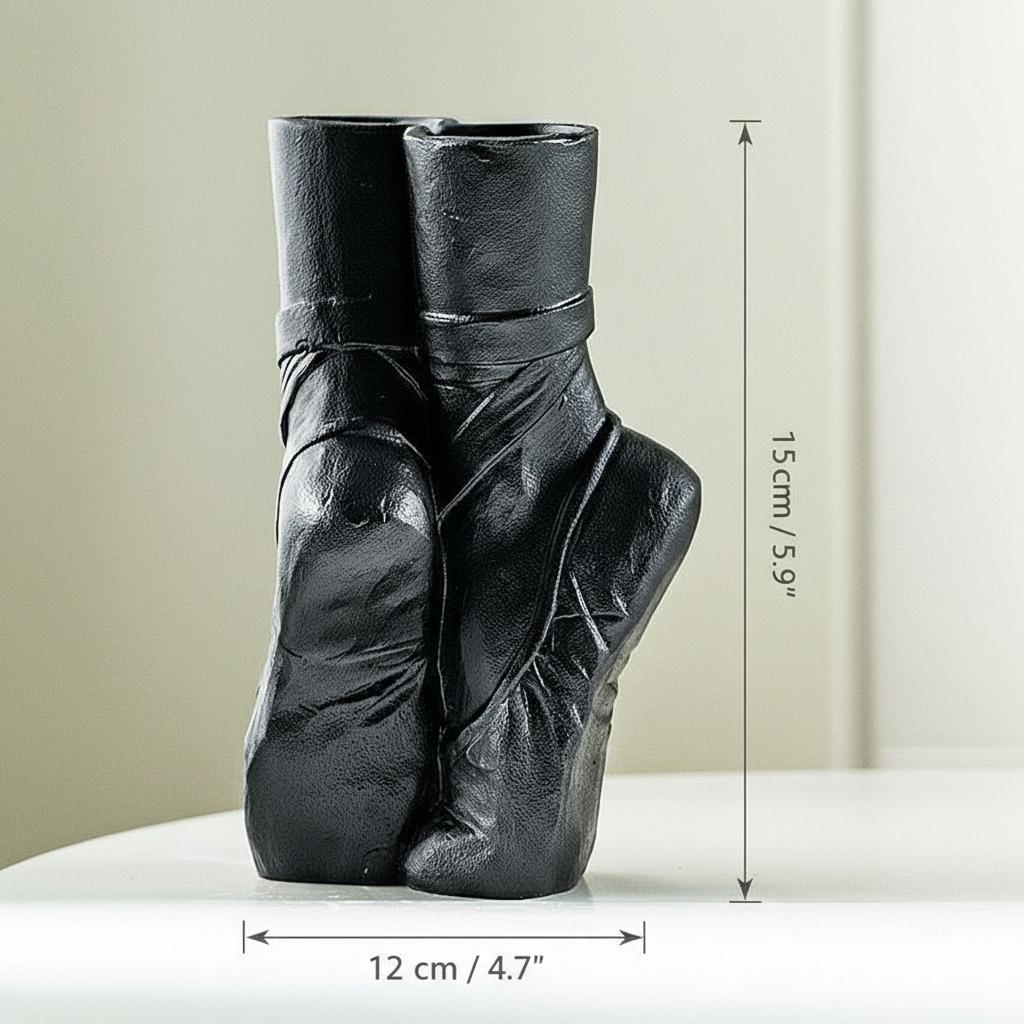 Dimension diagram of black ballet shoe vase