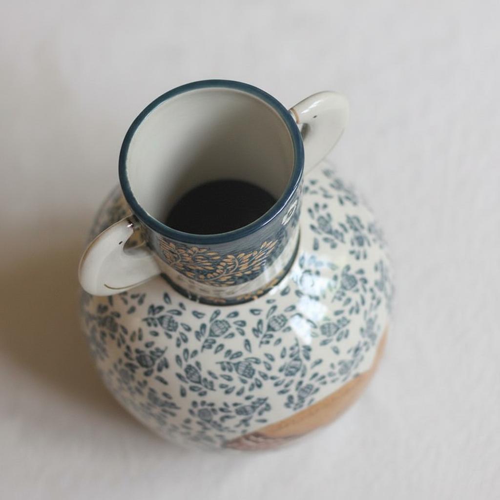 High angle view of vase rim and handles