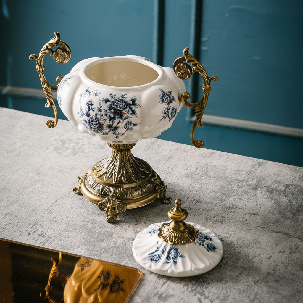 Ceramic And Brass Decorative Lidded Jar Open Lid