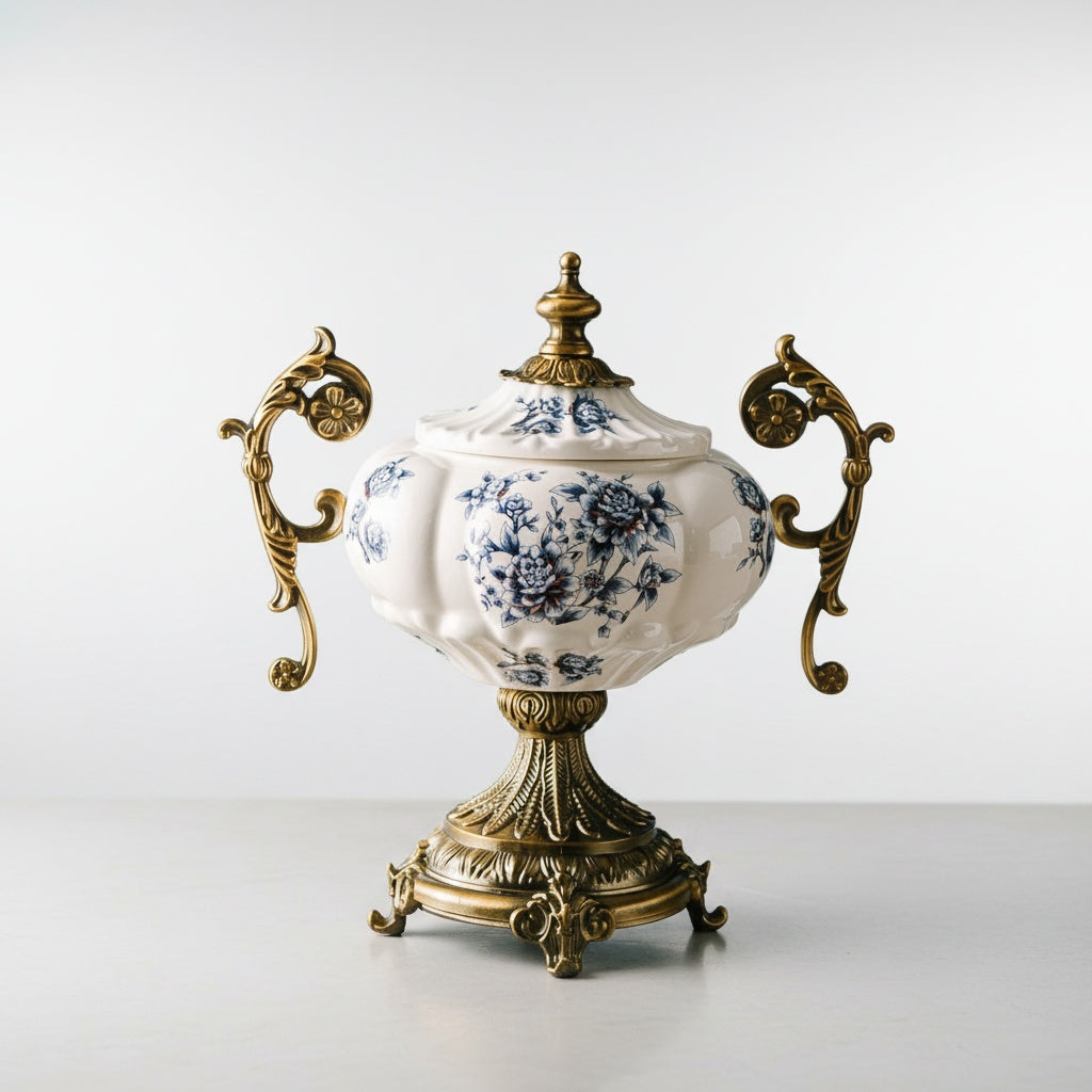 Ceramic And Brass Decorative Lidded Jar Isolated
