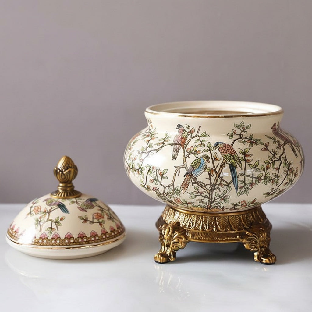 Ceramic And Brass Finish Decorative Covered Jar Open Lid