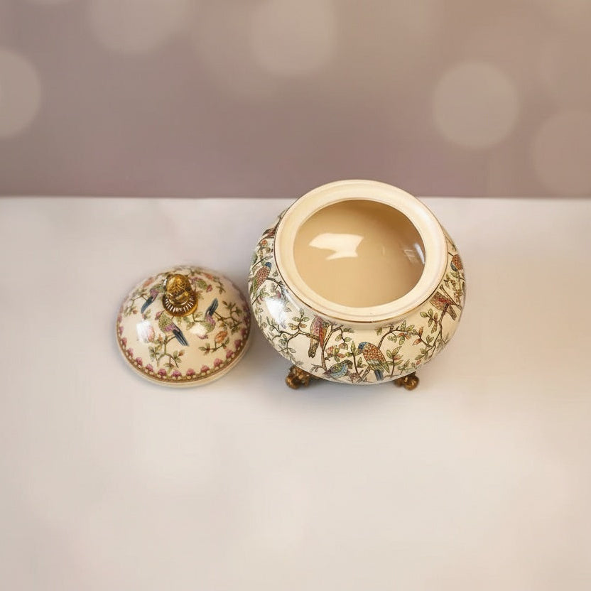 Ceramic And Brass Finish Decorative Covered Jar Interior