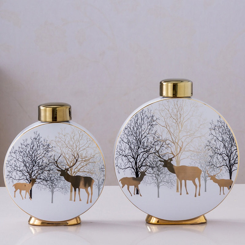White ceramic round vase with gold deer motif group shot