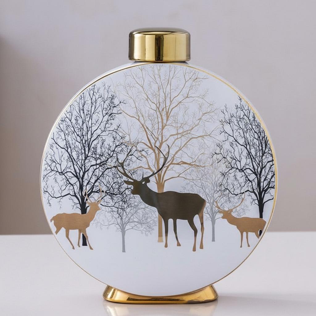 Large white ceramic disc vase with gold stag design