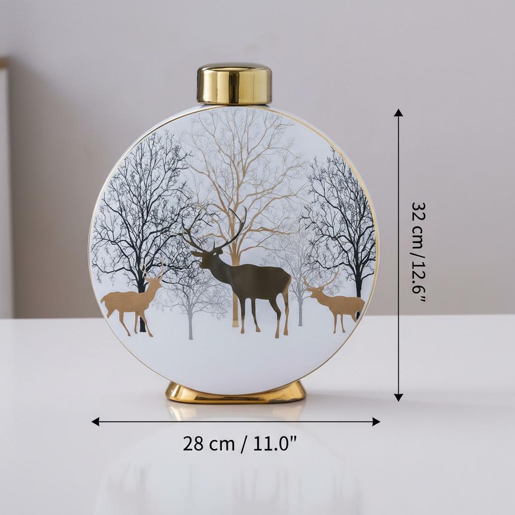 Detailed view of gold deer and tree pattern on ceramic vase