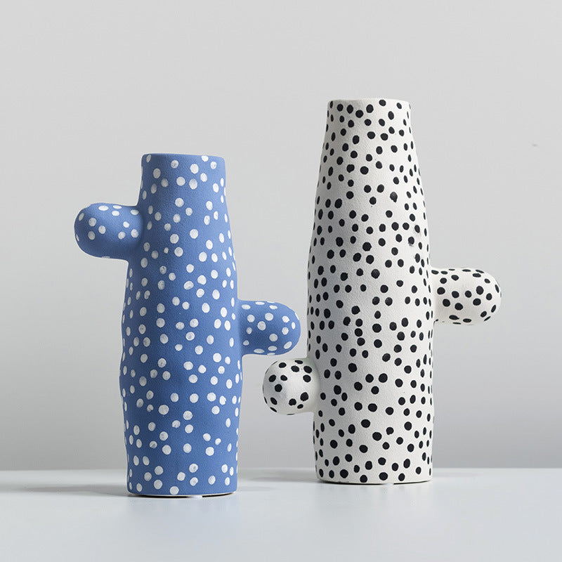 Ceramic dotted cactus vases in blue and white