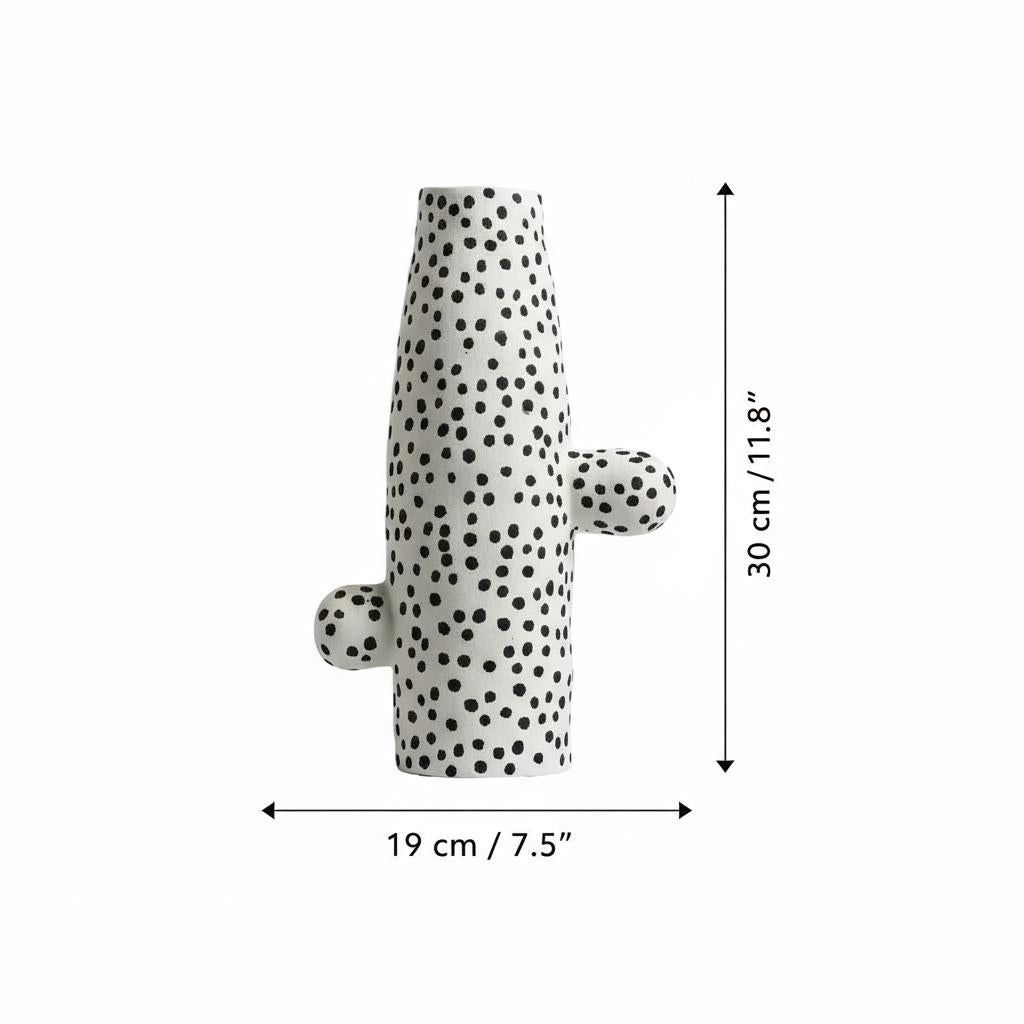 White ceramic cactus vase with black dots front view