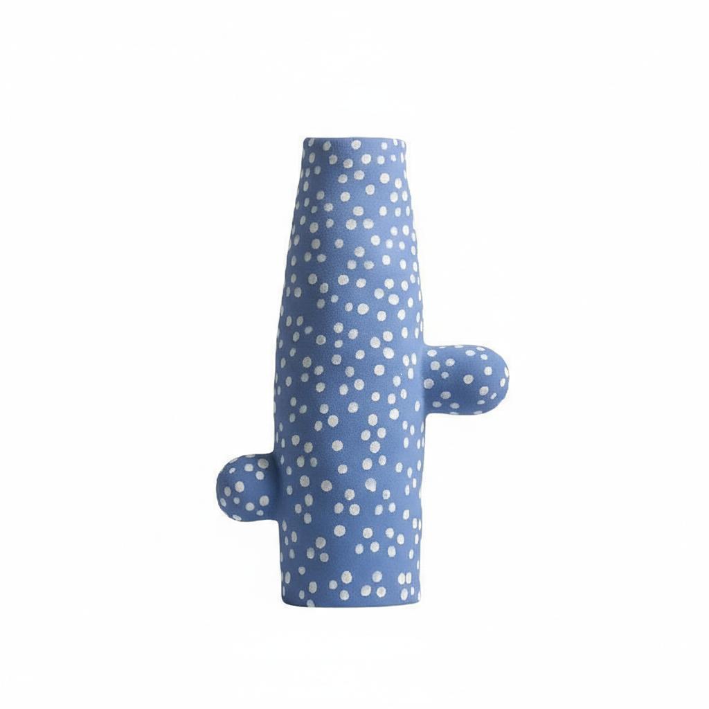 Blue ceramic cactus vase with white dots