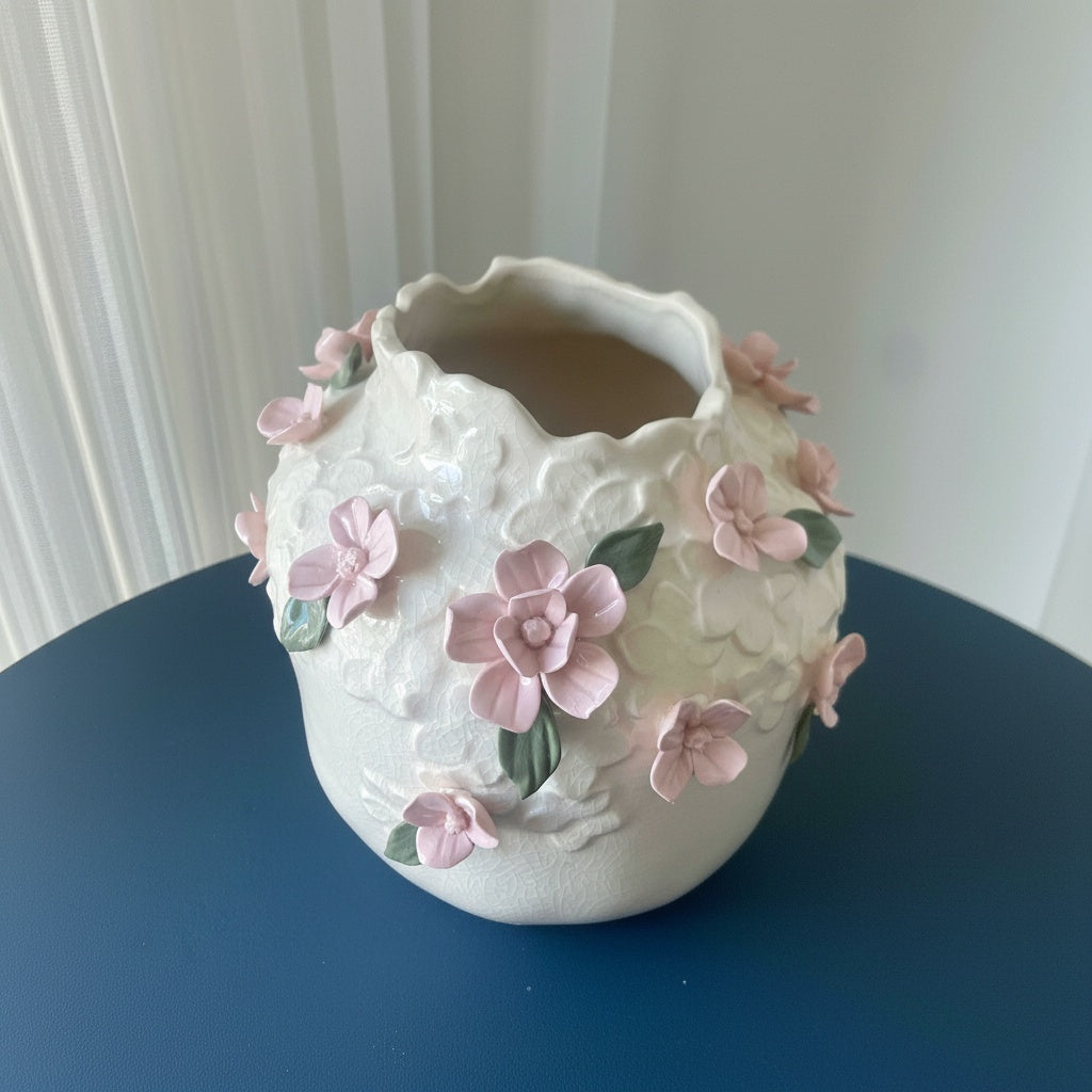 Ceramic Floral Applique Vase Top View