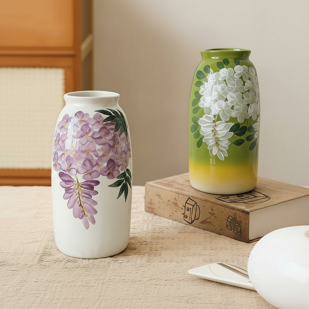 Two ceramic vases with floral patterns on a table